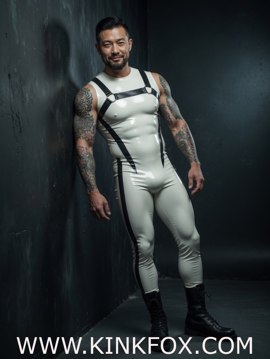 White Contrast Harness Latex Suit - Image 2