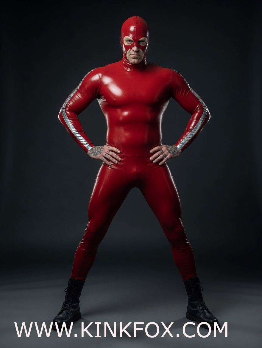 Red Vanguard Hooded Latex Catsuit - Image 2