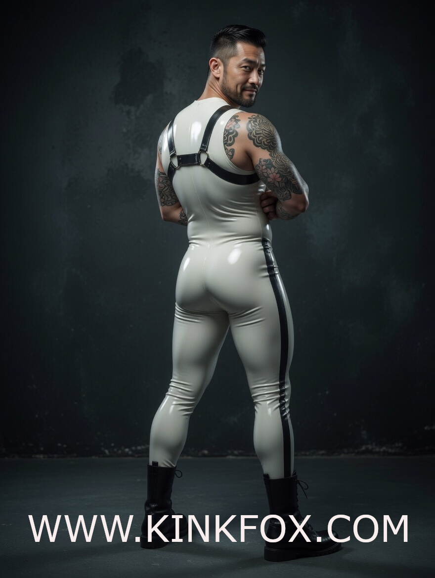 White Contrast Harness Latex Suit - Image 3