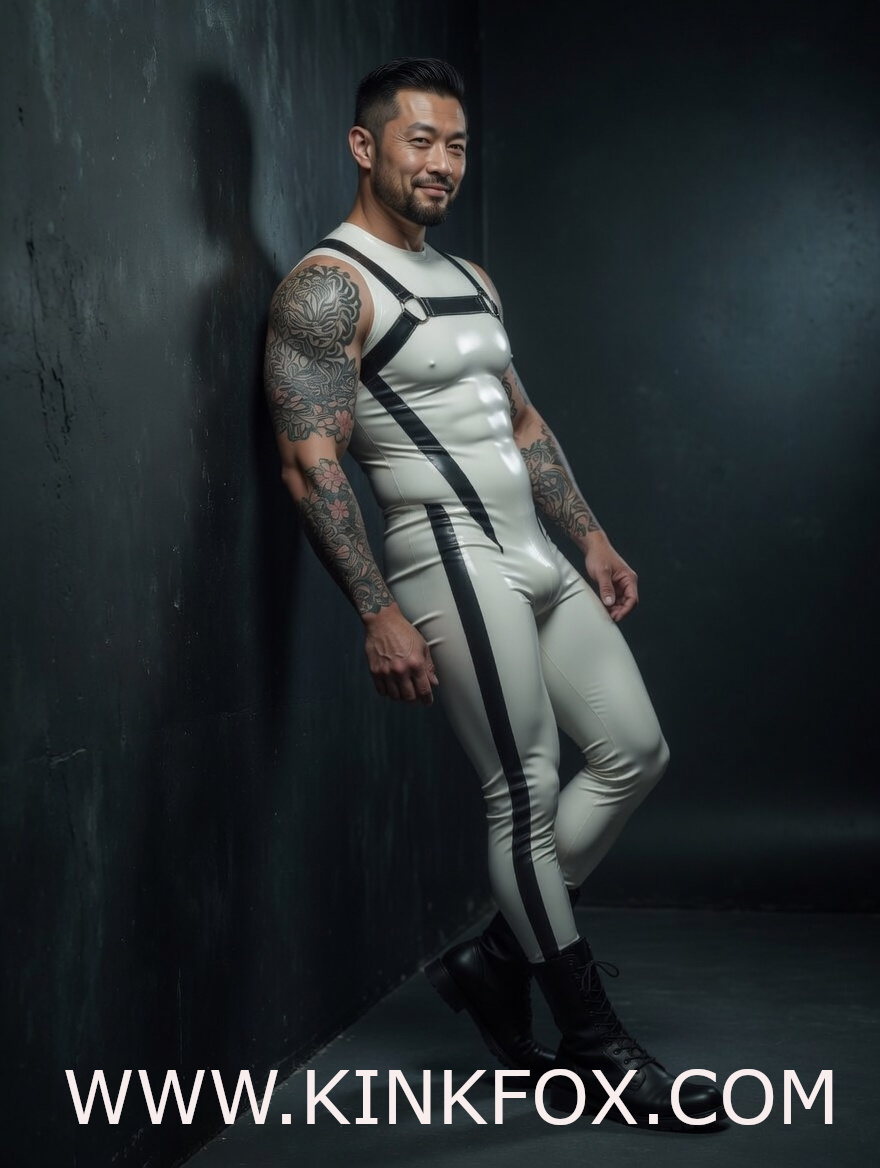 White Contrast Harness Latex Suit - Image 4