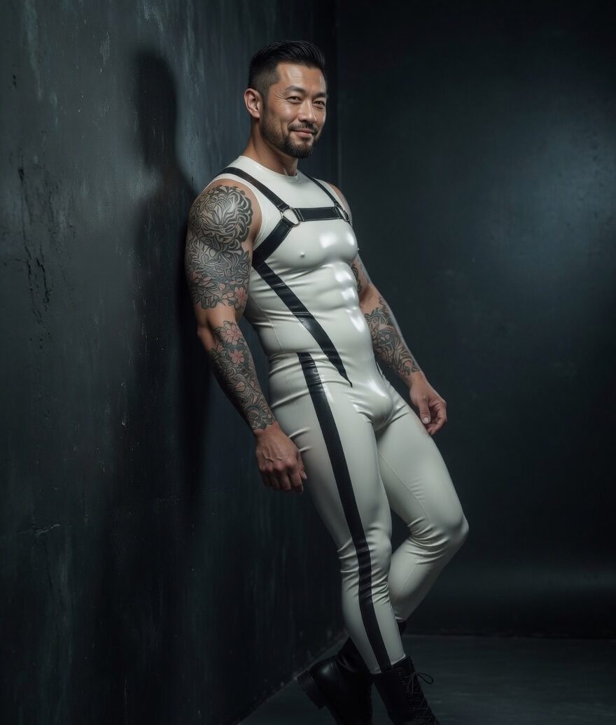 White Contrast Harness Latex Suit