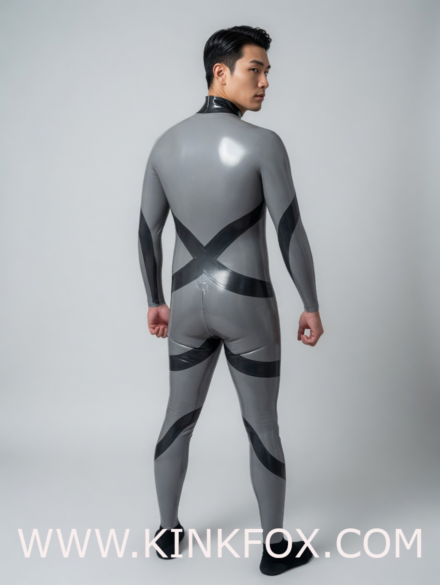 Grey Cross Latex Catsuit - Image 3