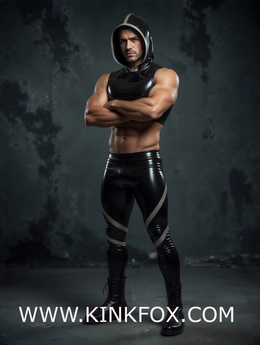 Black Hooded Latex Muscle Top - Image 2