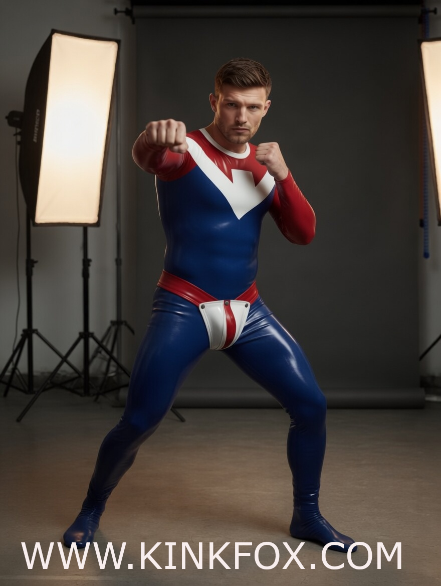 Blue Red White Superhero Latex Catsuit - Image 2