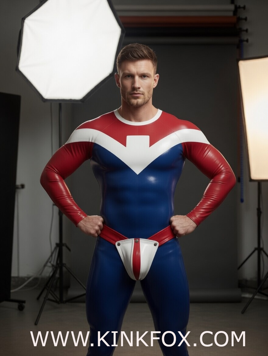 Blue Red White Superhero Latex Catsuit - Image 3