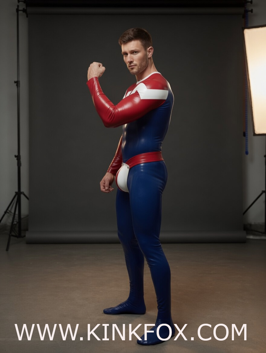 Blue Red White Superhero Latex Catsuit - Image 4