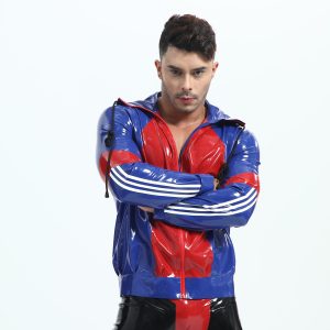 Color Block Hooded Latex Track Jacket