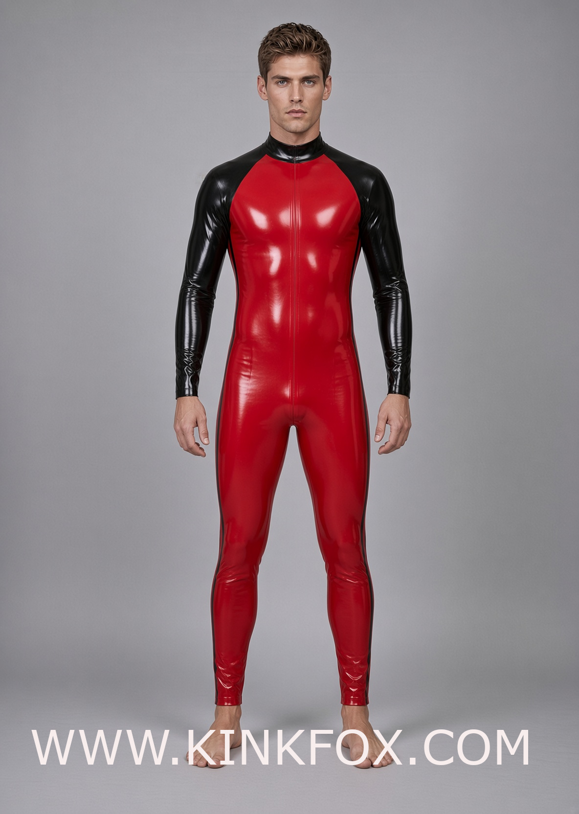 Red Contrast Athletic Latex Full Bodysuit - Image 5