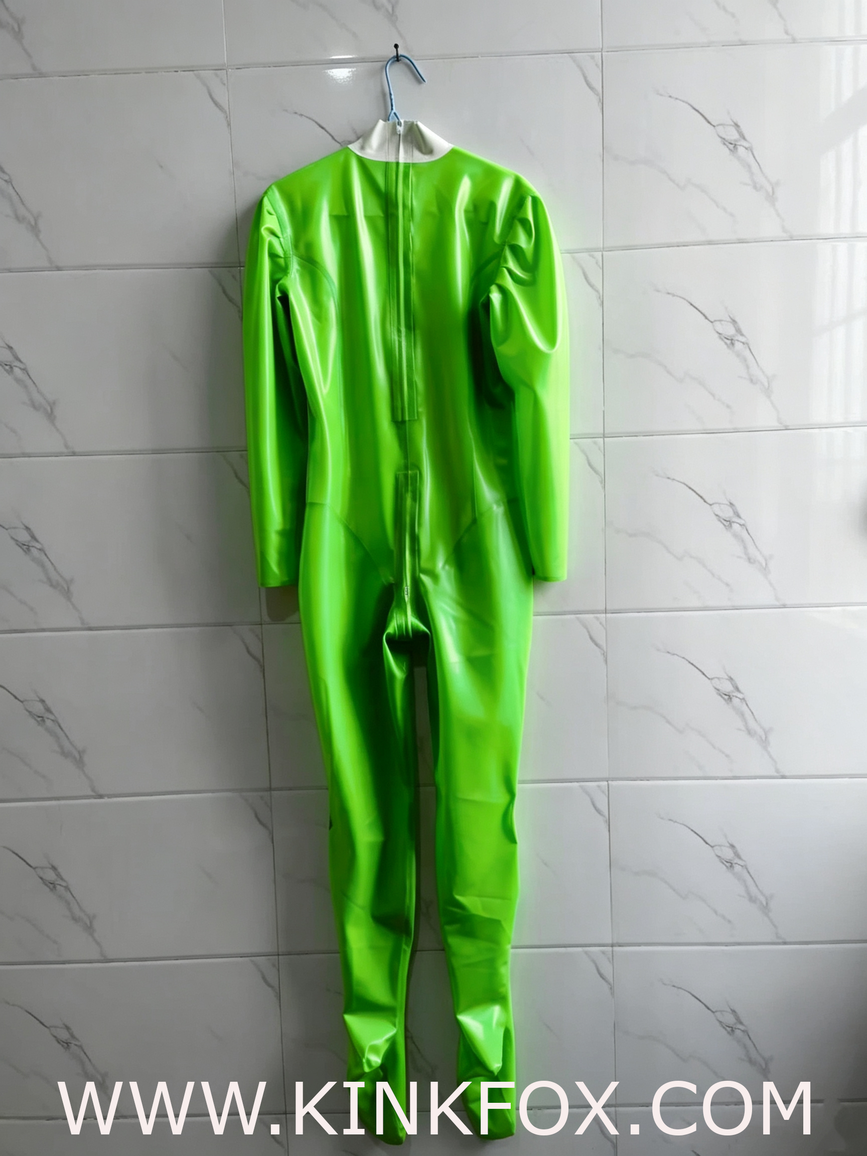 Lime Contrast Panel Latex Bodysuit - Image 2